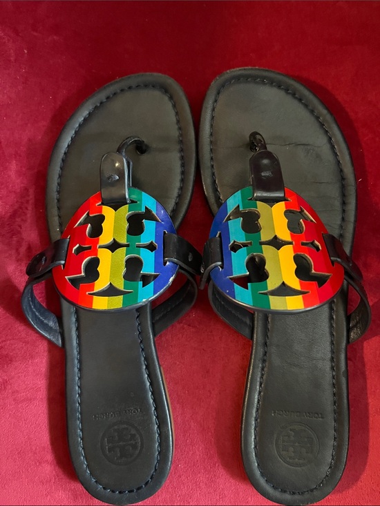 Tory Burch Shoes - Tory Burch Black Sandals with Rainbow Logo Accents